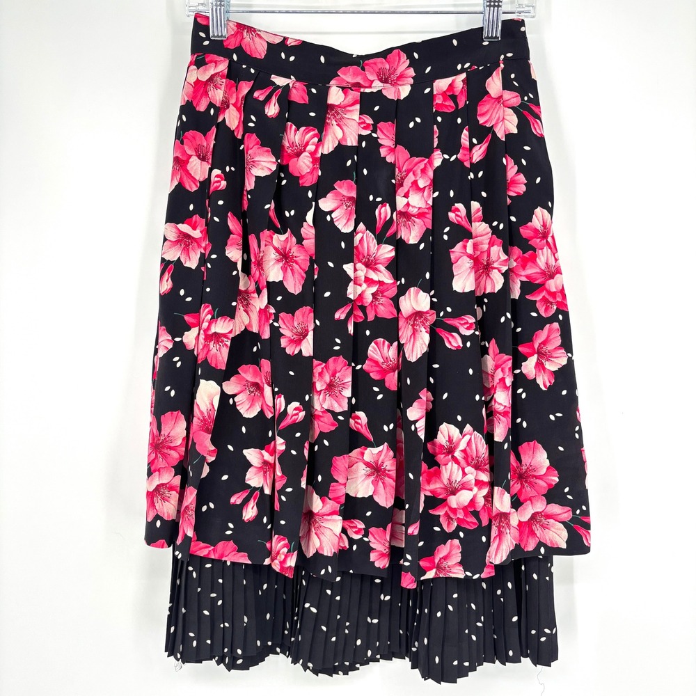 Vintage MaxMara Silk Floral Polka Dot Pleated Skirt Made in Italy Pink‎ Black 8